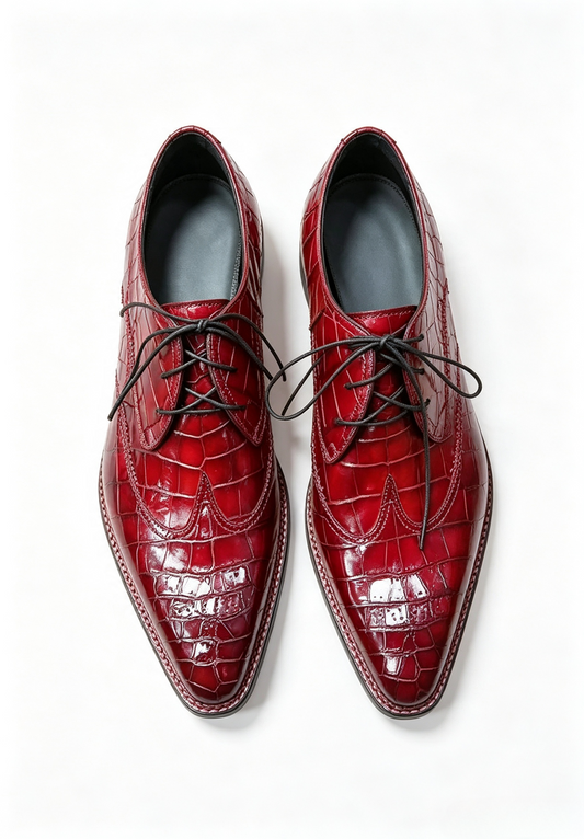 Men's Norwegian Sewn Crocodile Leather Slip-On Business Shoes Vintage Red