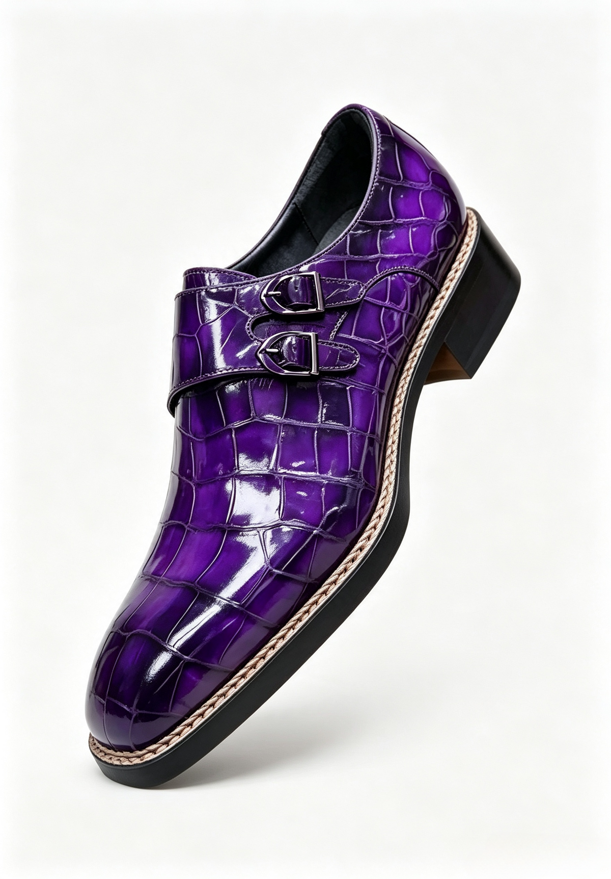 Men's Norwegian Sewn Crocodile Leather Double Monk Strap Business Dress Shoes Purple