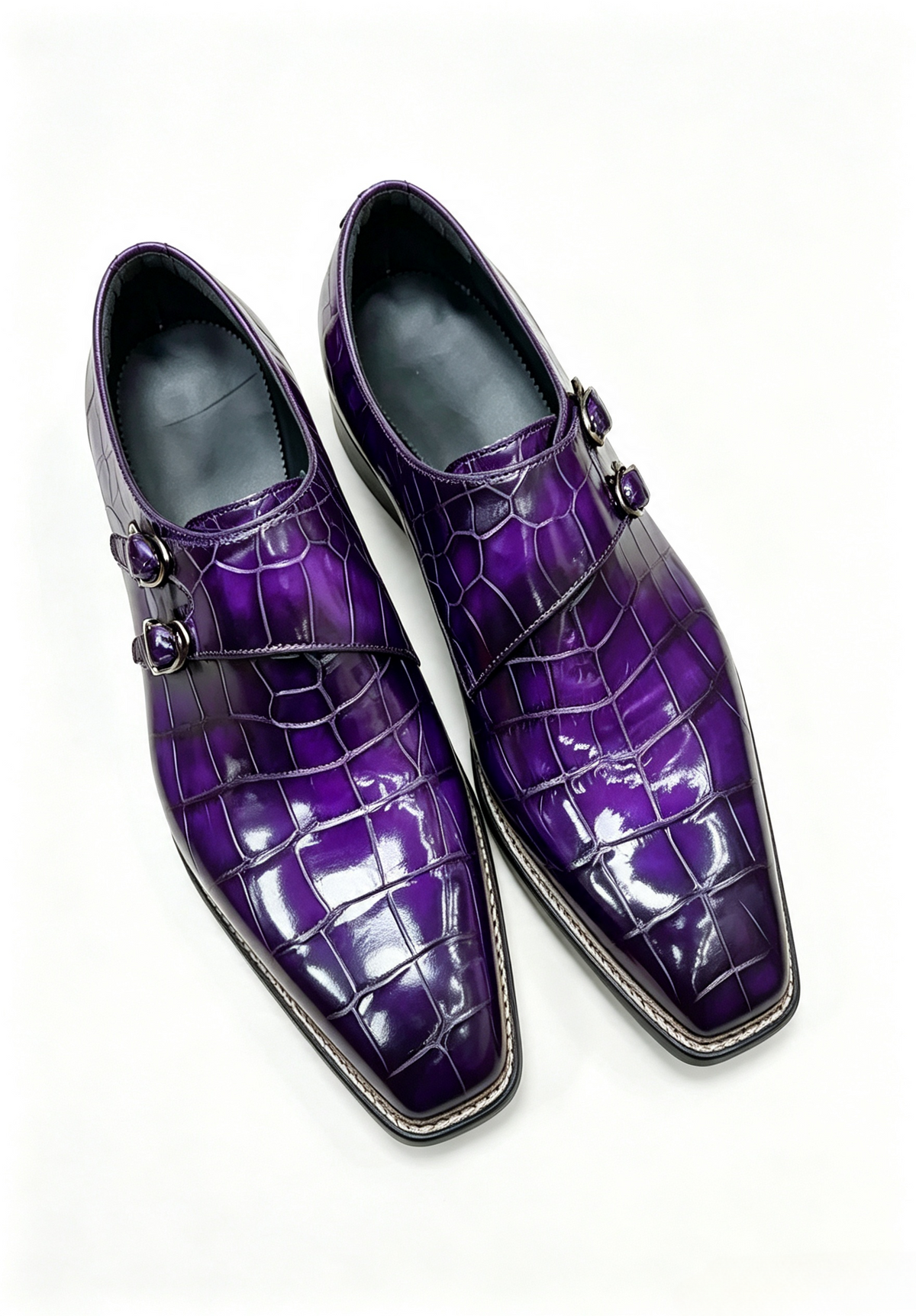 Men's Norwegian Sewn Crocodile Leather Double Monk Strap Business Dress Shoes Purple
