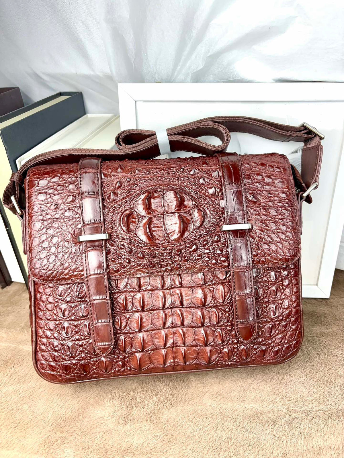 Genuine Crocodile Leather Messenger Shoulder Bag Black