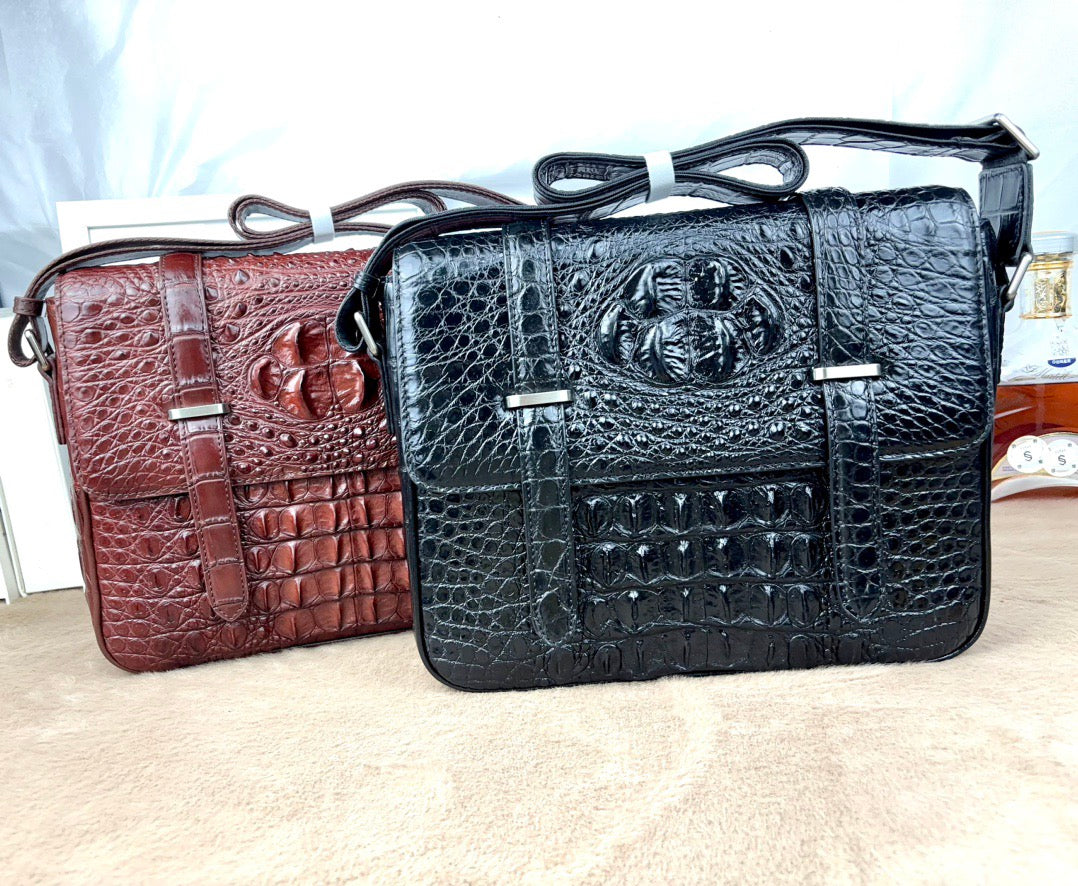 Genuine Crocodile Leather Messenger Shoulder Bag Black