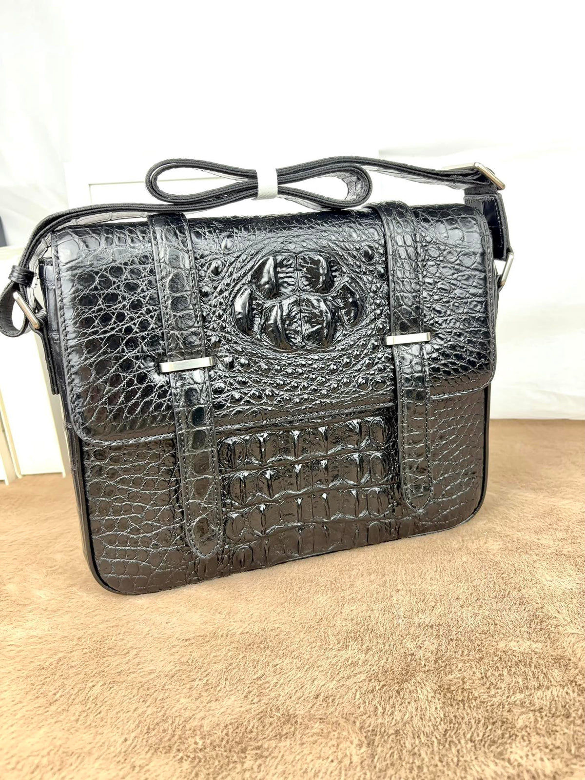 Genuine Crocodile Leather Messenger Shoulder Bag Black