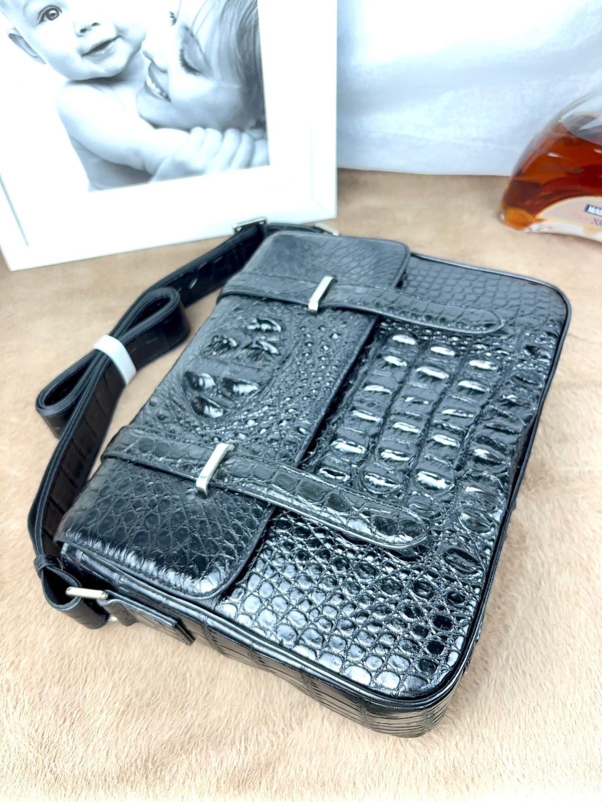Genuine Crocodile Leather Messenger Shoulder Bag Black