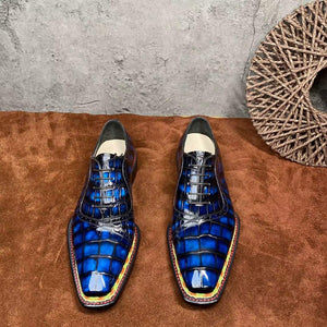 Men's  Crocodile Leather  Norwegian Stitching Lace Up Dress Shoes Vintage Blue