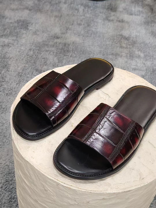 Men's Slipper , Vintage Crocodile Skin Leather Slipper