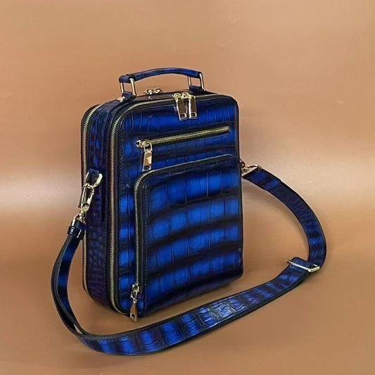Valigetta vintage in pelle di coccodrillo con doppia zip