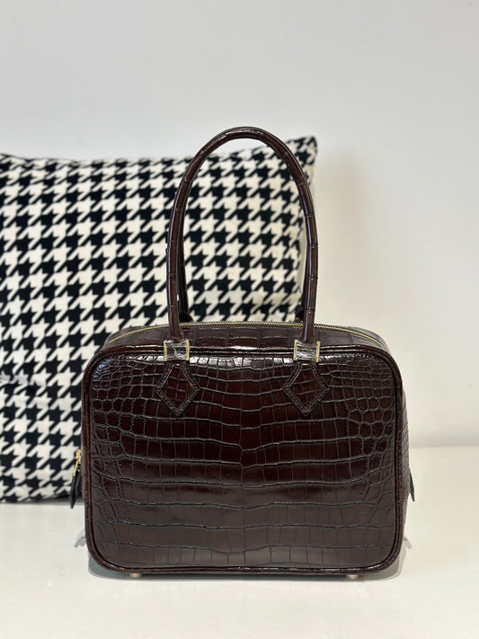 Womens Genuine Crocodile Skin Leathe Top Handle Tote Bag Brown