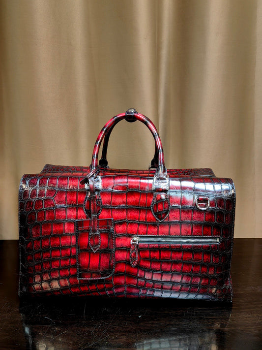 Unisex in vera pelle di coccodrillo, grande borsa da viaggio business tipo duffel