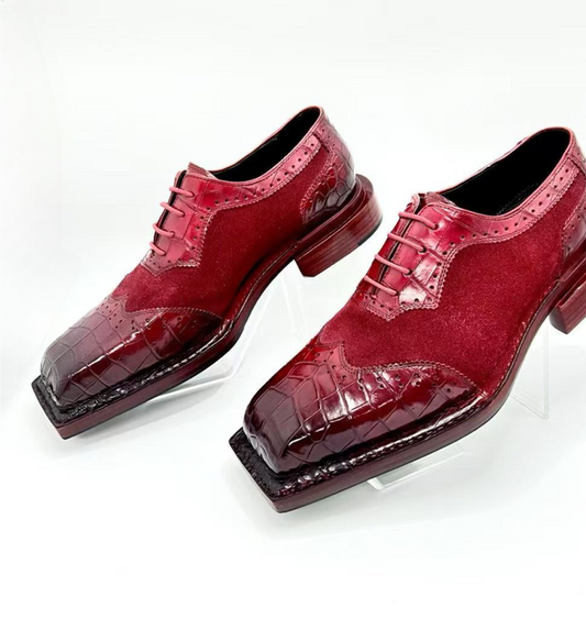alt
Scarpe eleganti classiche stringate, punta quadrata, in vera pelle di coccodrillo, rosso vino e marrone vintage