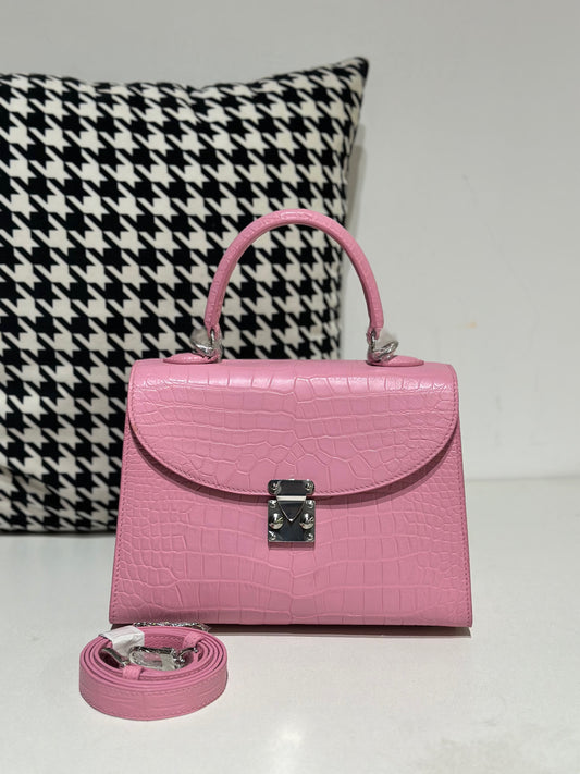 Borsa con manico superiore in pelle di coccodrillo rosa