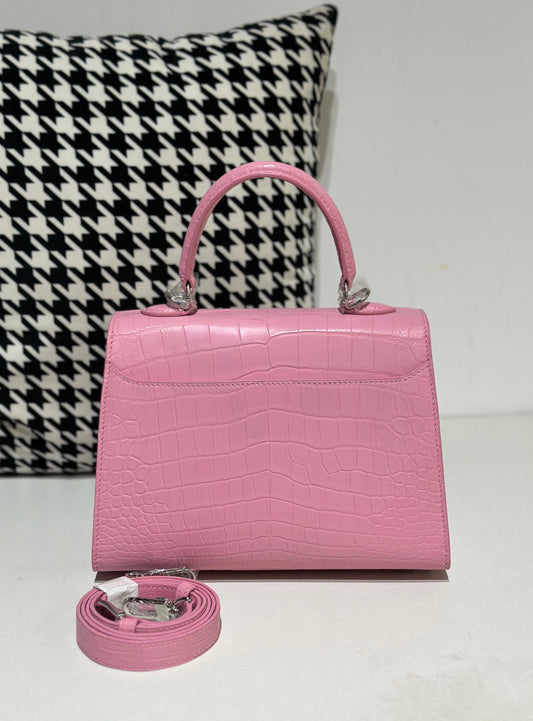 Borsa con manico superiore in pelle di coccodrillo rosa