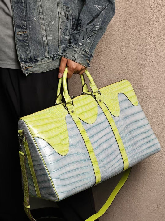 Borsone da viaggio unisex in vera pelle di coccodrillo, borsa regalo da weekend per uomo, borsa sportiva da palestra oversize, extra large