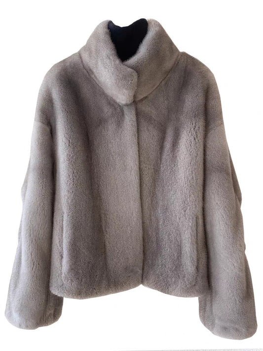 Cappotto corto da donna in pelliccia di visone intero, visone in velluto etichetta viola importato, giacca corta in pelliccia con colletto alla coreana