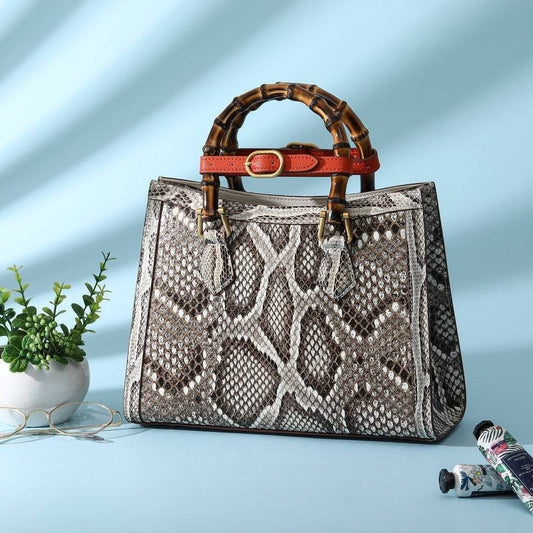 Womens Python Leather Large Bamboo Top Handle Cross Body Bag