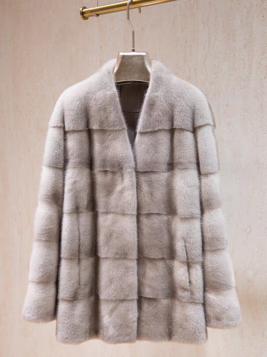 Women's Real Whole Mink Fur Coat, giacca in visone con scollo a V e pannelli orizzontali