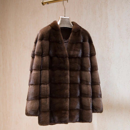 Women's Real Whole Mink Fur Coat, giacca in visone con scollo a V e pannelli orizzontali