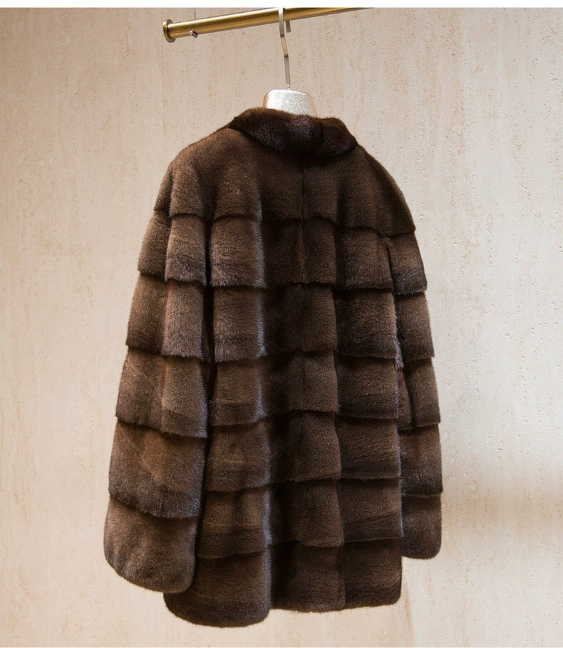 Women's Real Whole Mink Fur Coat,V-Neck Horizontal Panel Mink Jacket