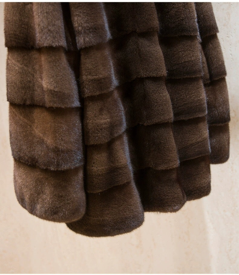 Women's Real Whole Mink Fur Coat,V-Neck Horizontal Panel Mink Jacket