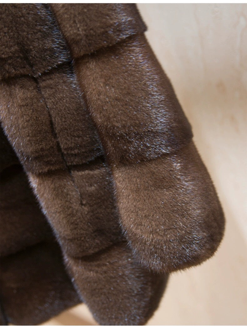 Women's Real Whole Mink Fur Coat,V-Neck Horizontal Panel Mink Jacket