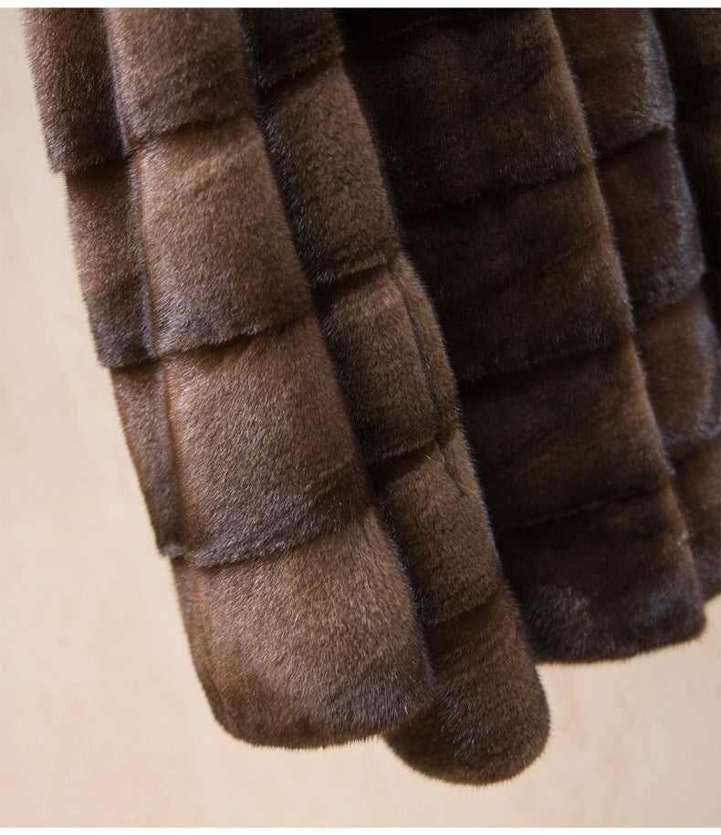 Women's Real Whole Mink Fur Coat,V-Neck Horizontal Panel Mink Jacket