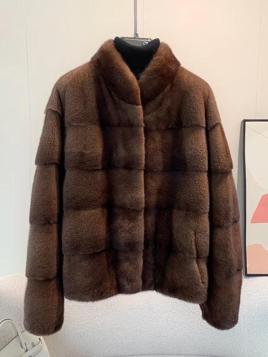 Women's Real Whole Mink Fur Coat,V-Neck Horizontal Panel Mink Jacket