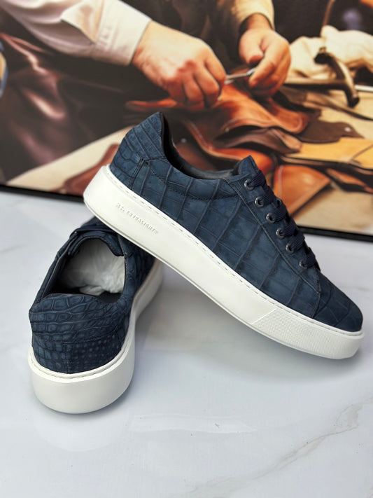 Crocodile Sneakers , Nubuck Genuine Crocodile Leather Sneakers Dark Blue
