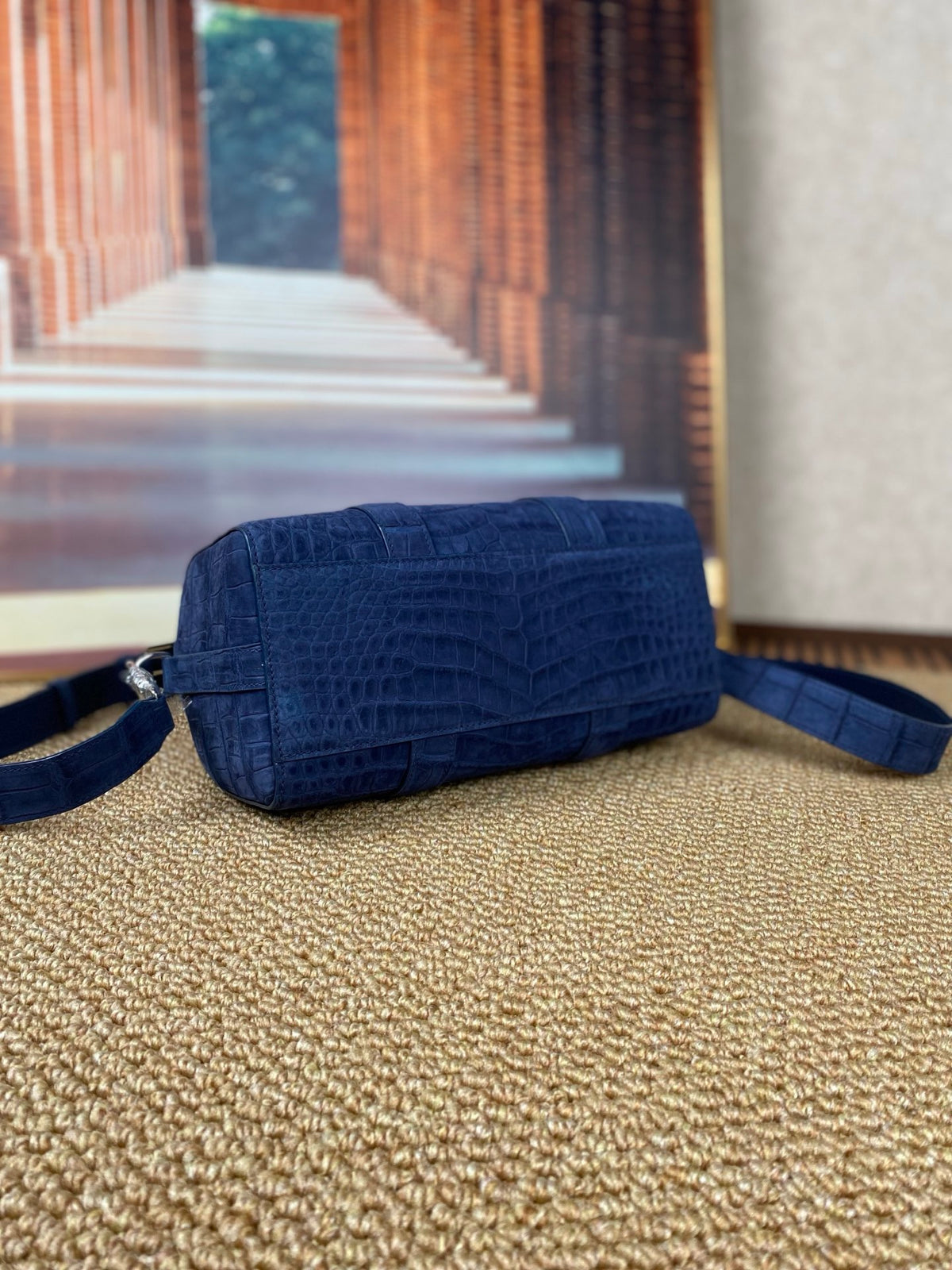 Men's Nubuck Crocodile Leather Crossbody Bag Blue