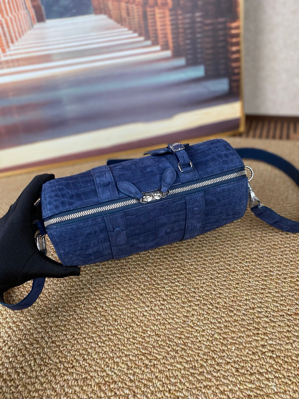 Men's Nubuck Crocodile Leather Crossbody Bag Blue