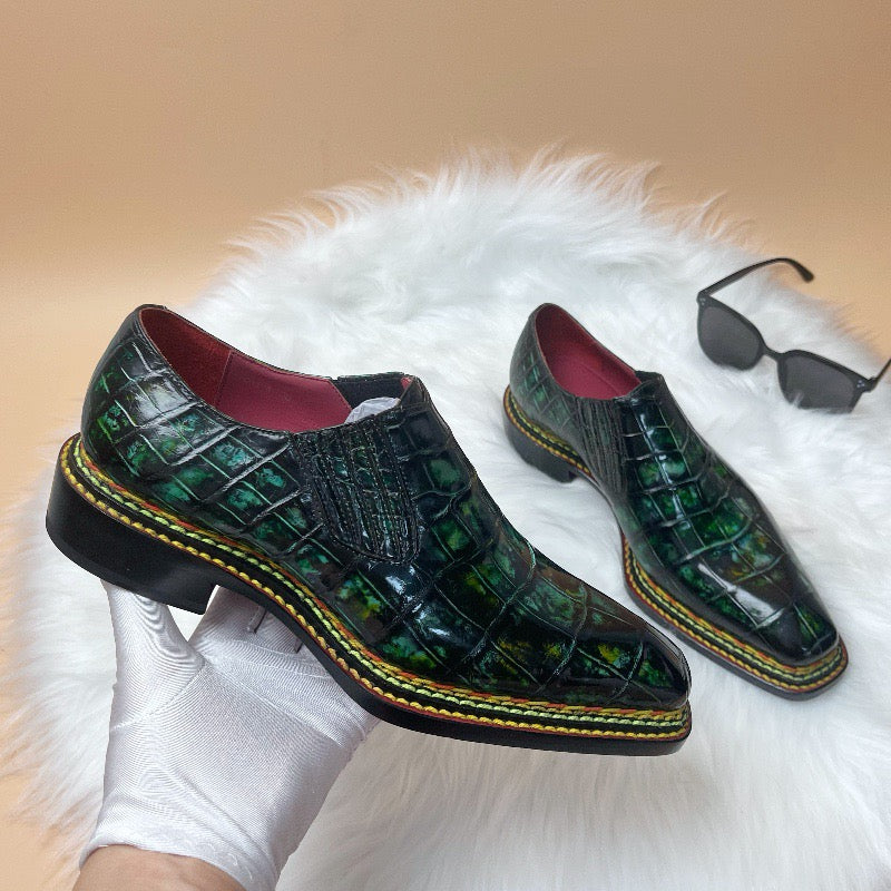 Scarpe Crocodile, mocassini slip-on vintage verdi da uomo in stile norvegese