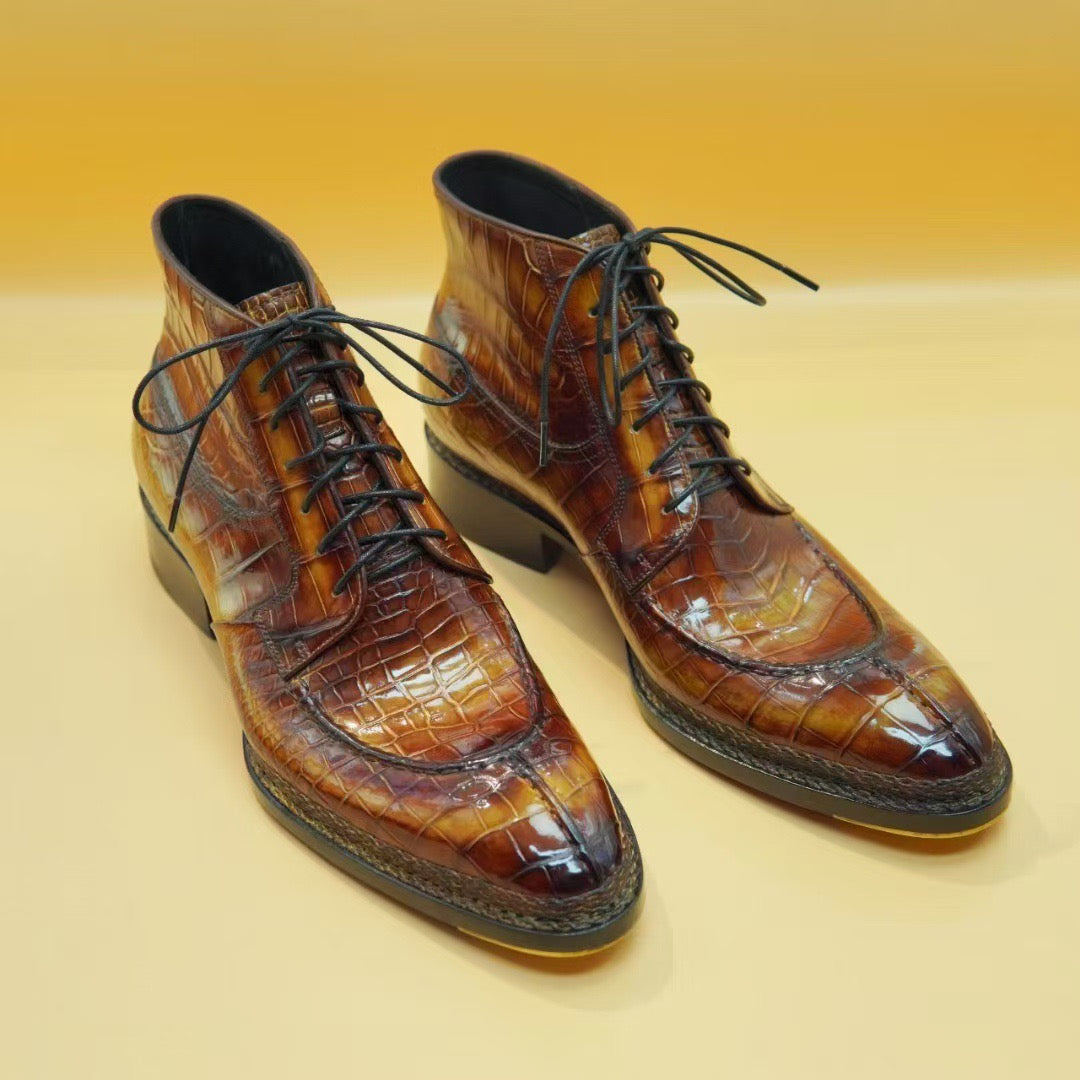Crocodile Shoes, Men's Norwegian Vintage Tan Lace Up Boots