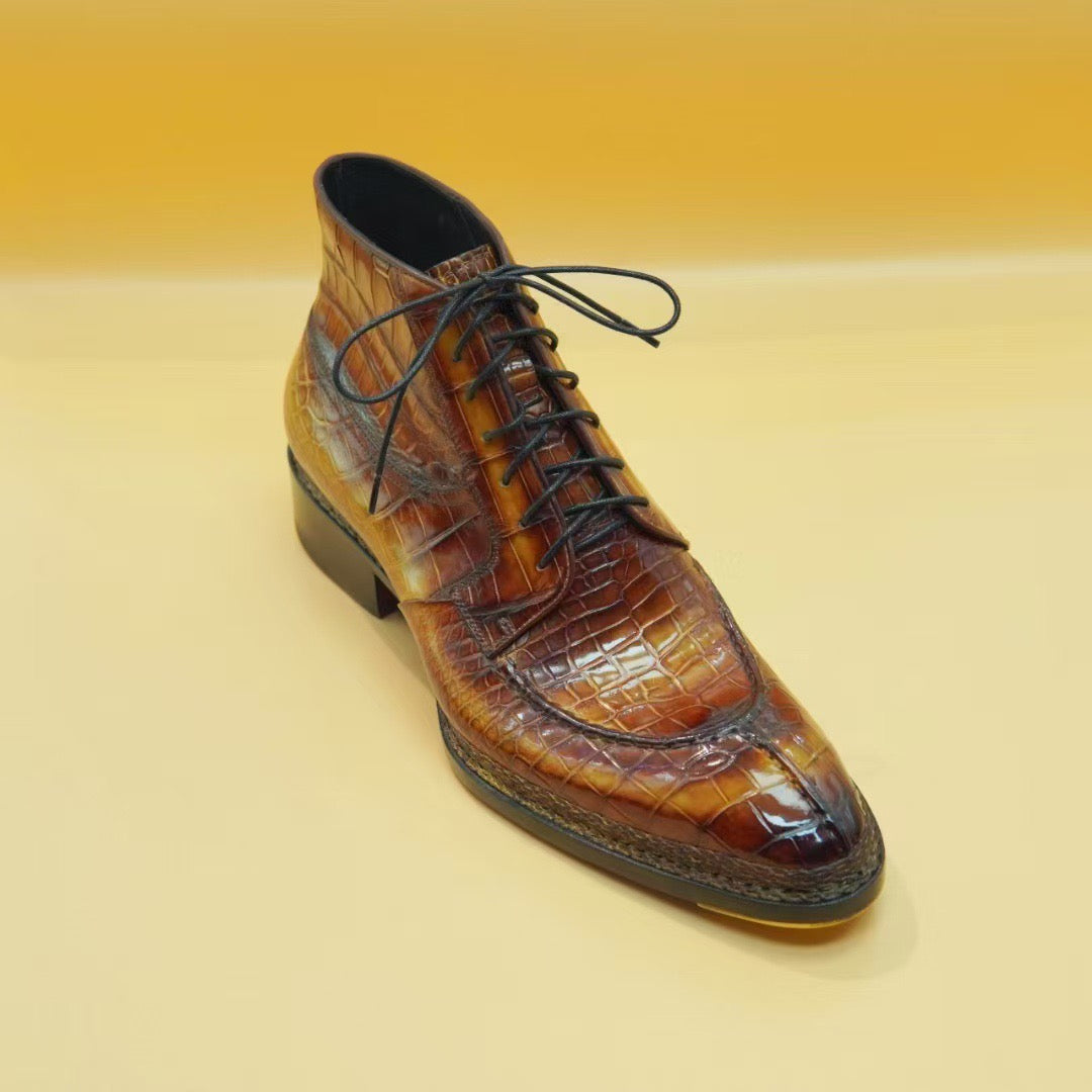 Crocodile Shoes, Men's Norwegian Vintage Tan Lace Up Boots