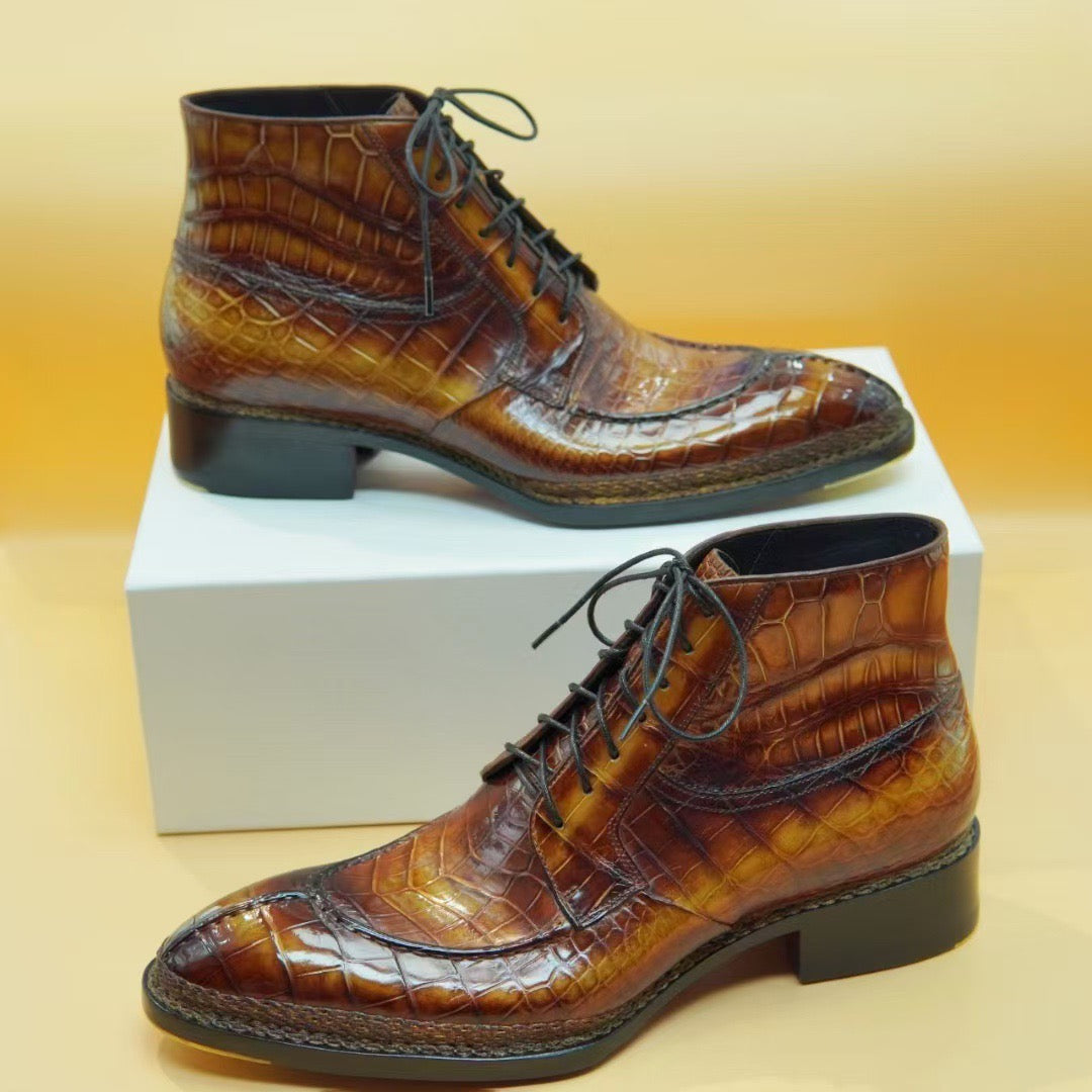Crocodile Shoes, Men's Norwegian Vintage Tan Lace Up Boots