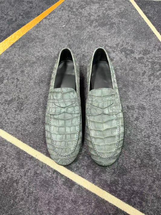 Scarpe Crocodile, mocassini slip-on business da uomo in pelle di coccodrillo nabuk, verdi