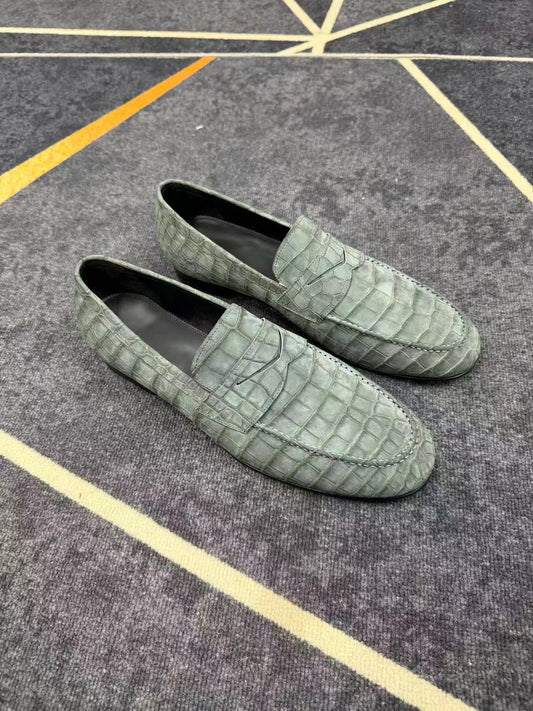 Scarpe Crocodile, mocassini slip-on business da uomo in pelle di coccodrillo nabuk, verdi
