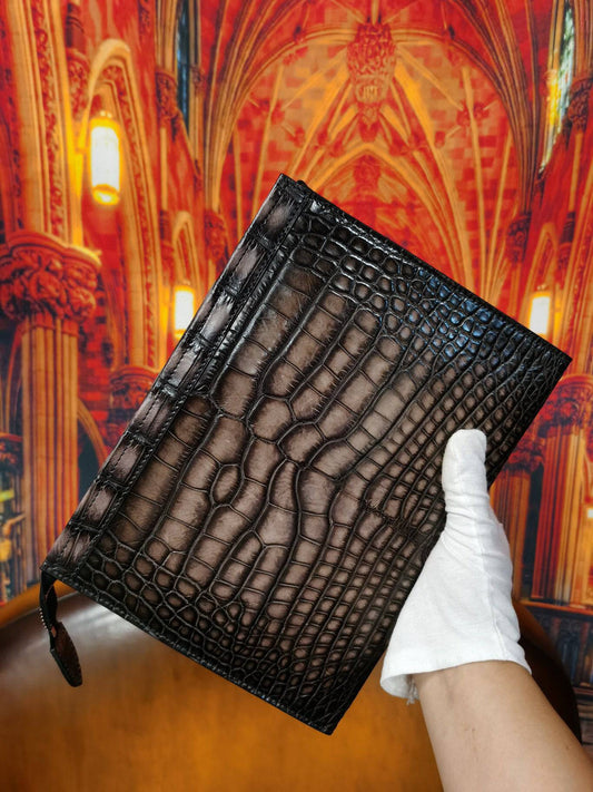 Portafoglio pochette da polso in vera pelle di coccodrillo vintage, a busta