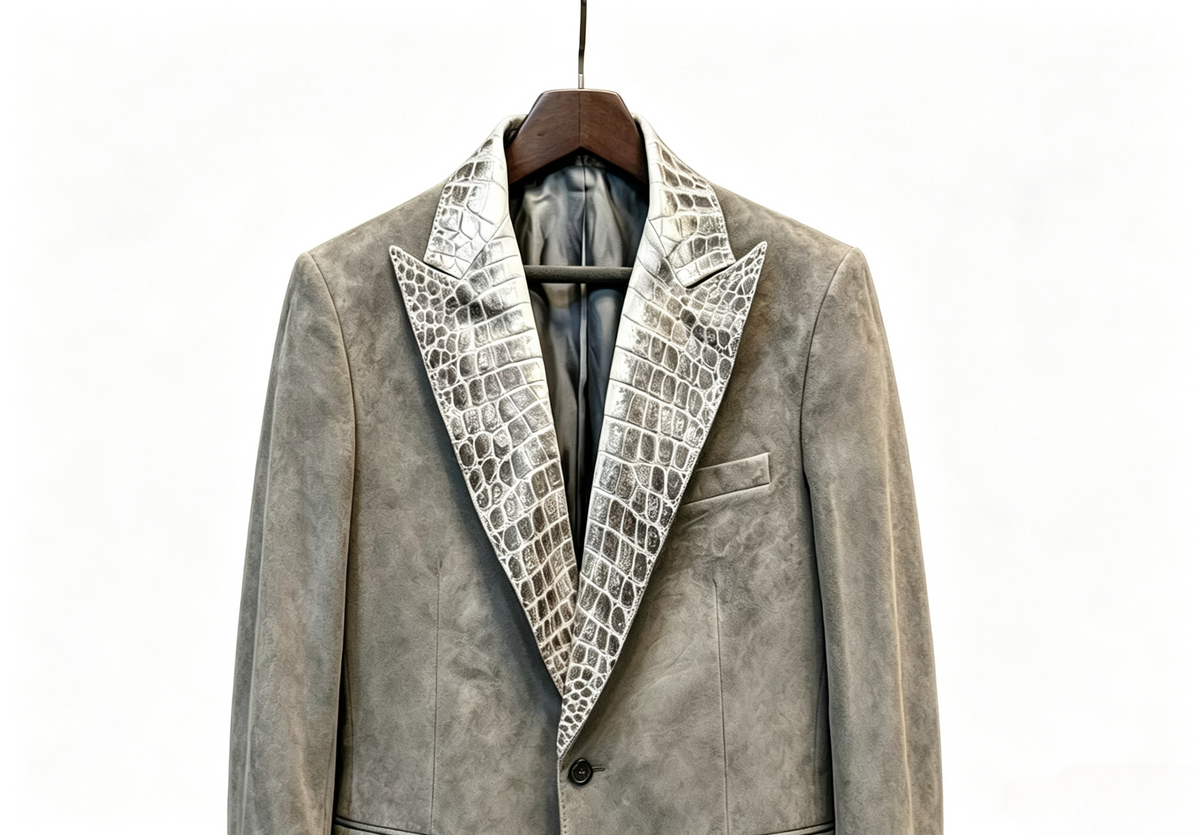 Stylish Unisex Suede Leather Suit Coat,Himalaya White Crocodile Leather Collar Blazer