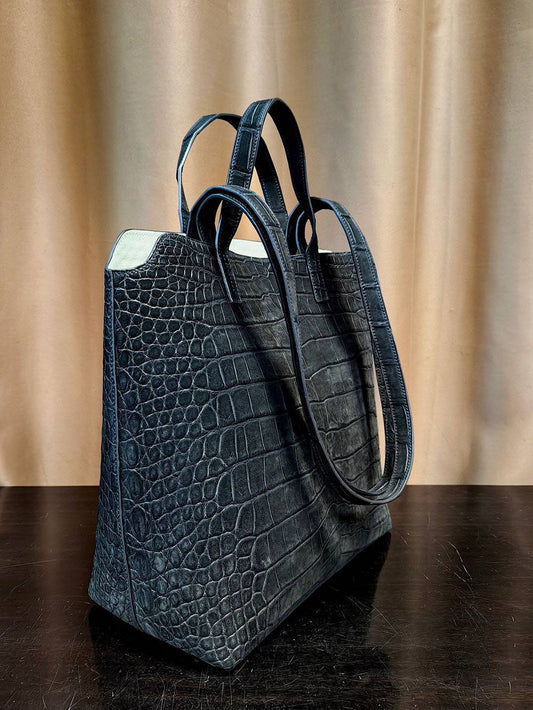 Borsa tote shopper in pelle nabuk di coccodrillo