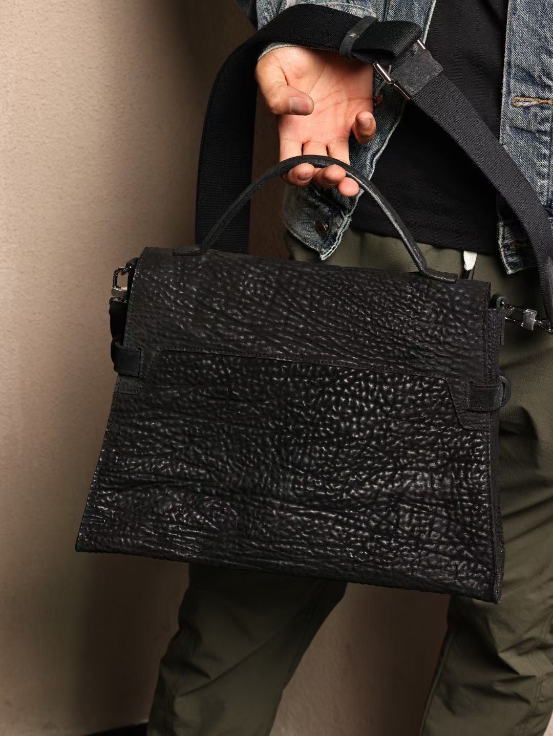 Genine Washed Cordovan Leather Top Handle Briefcase Bag