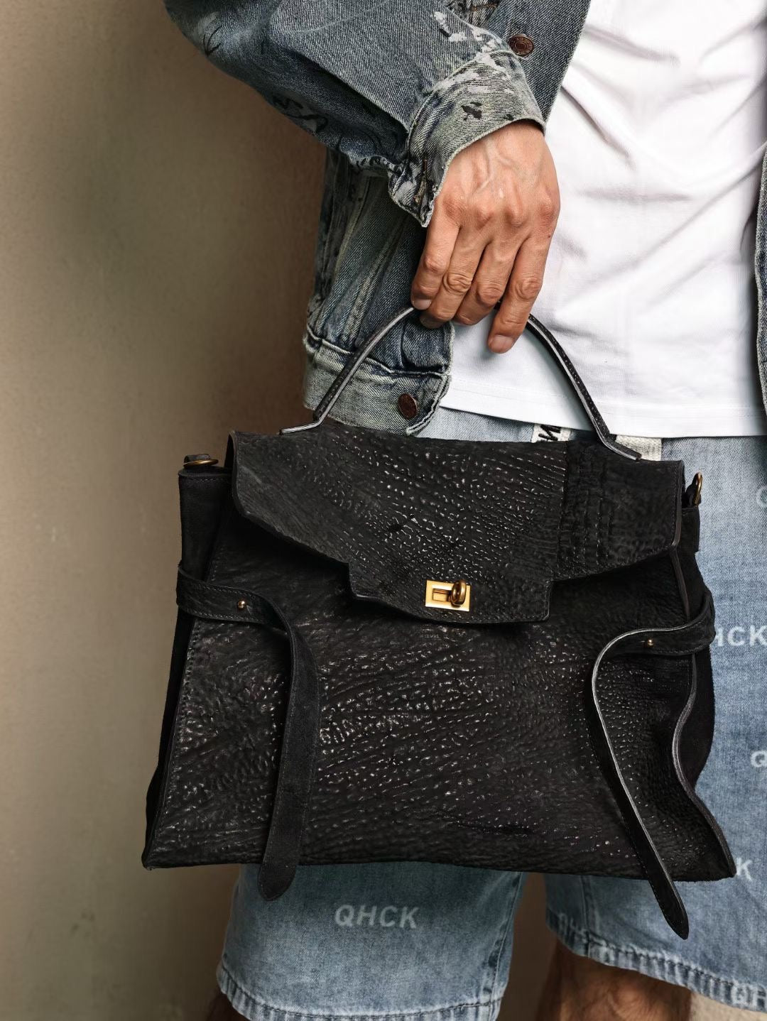 Genine Washed Cordovan Leather Top Handle Briefcase Bag