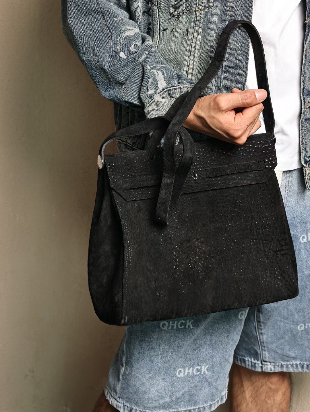 Genine Washed Cordovan Leather Briefcase Bag Black