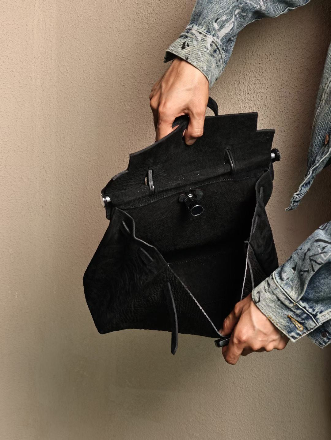 Genine Washed Cordovan Leather Briefcase Bag Black