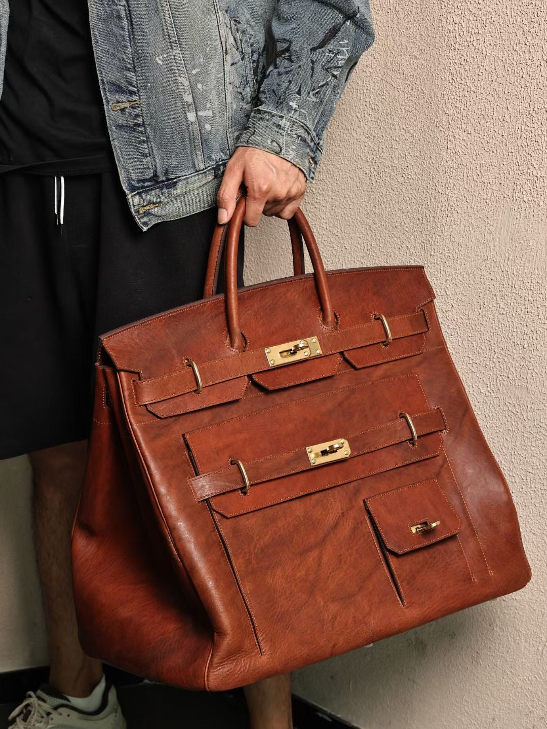 Borsa extra large in pelle cordovan vintage lavata, super capiente, con lucchetto, per ufficio, lavoro e viaggi