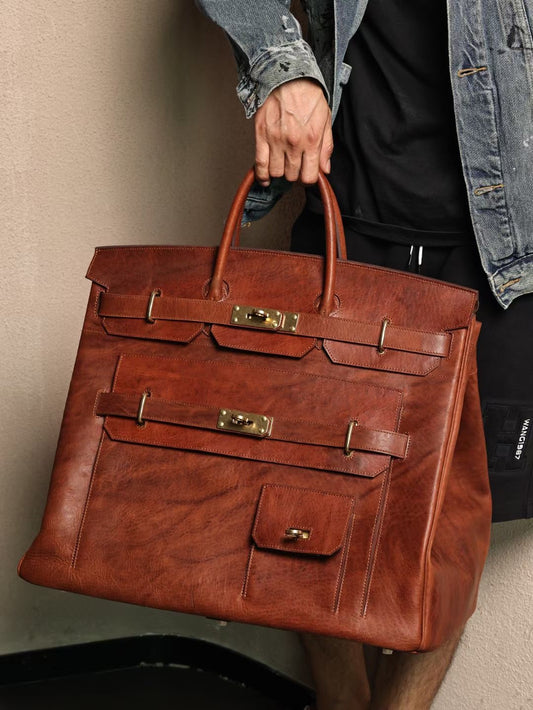 Borsa extra large in vera pelle cordovan lavata vintage, super capiente, con lucchetto, per business, ufficio e viaggio