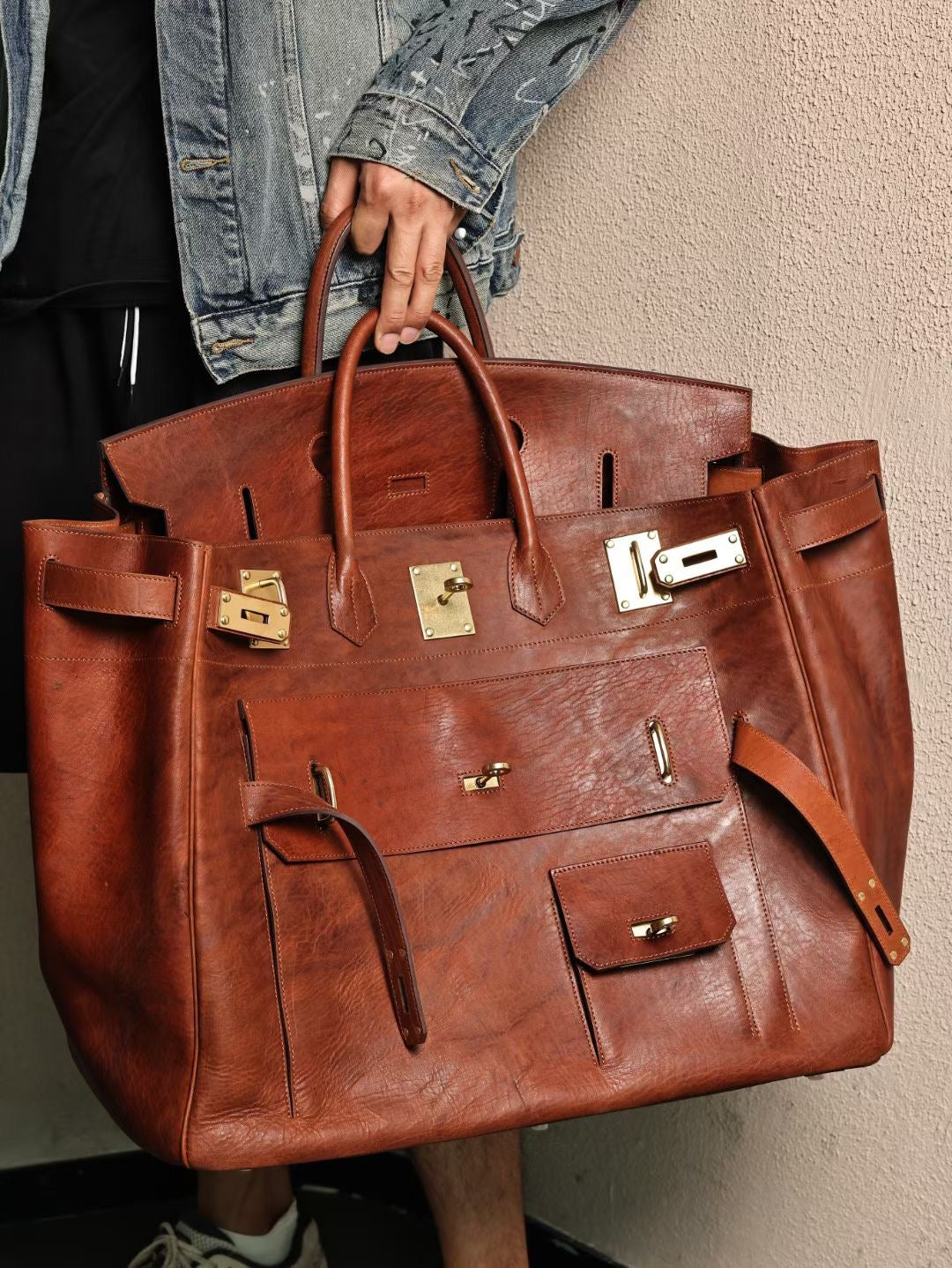 Genine Borsa extra large in pelle cordovan vintage lavata, jumbo, con lucchetto, per lavoro, ufficio e viaggio