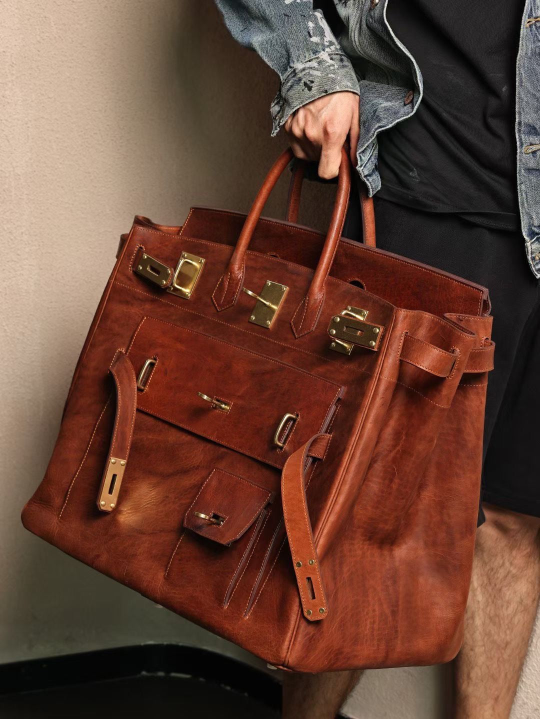 Borsa extra large in pelle Cordovan vintage lavata, capiente, con lucchetto, per lavoro, ufficio e viaggio