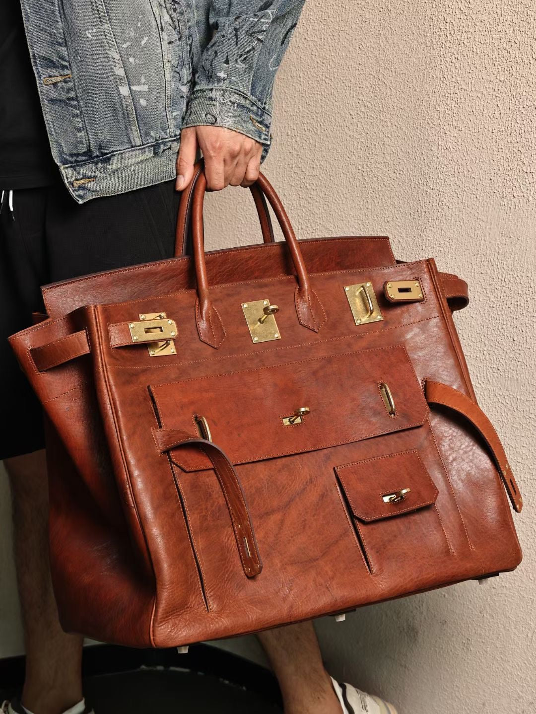 Genine Borsa extra grande in pelle cordovan vintage lavata, maxi borsa capiente con lucchetto, per lavoro, ufficio e viaggio