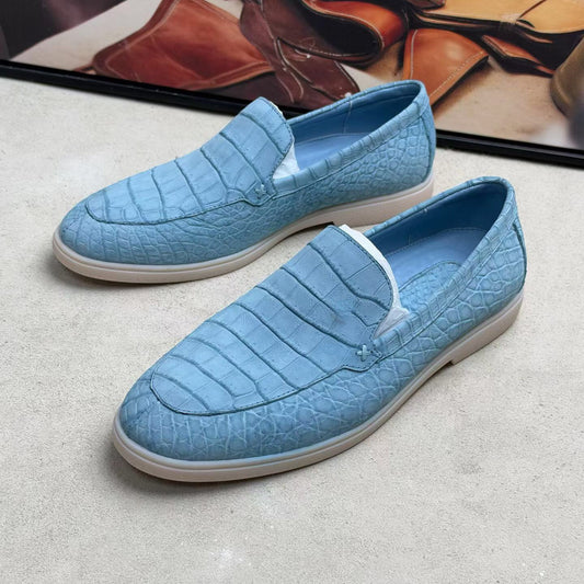 Scarpe in nabuk effetto coccodrillo, mocassini slip-on eleganti da uomo in pelle di coccodrillo, azzurro chiaro