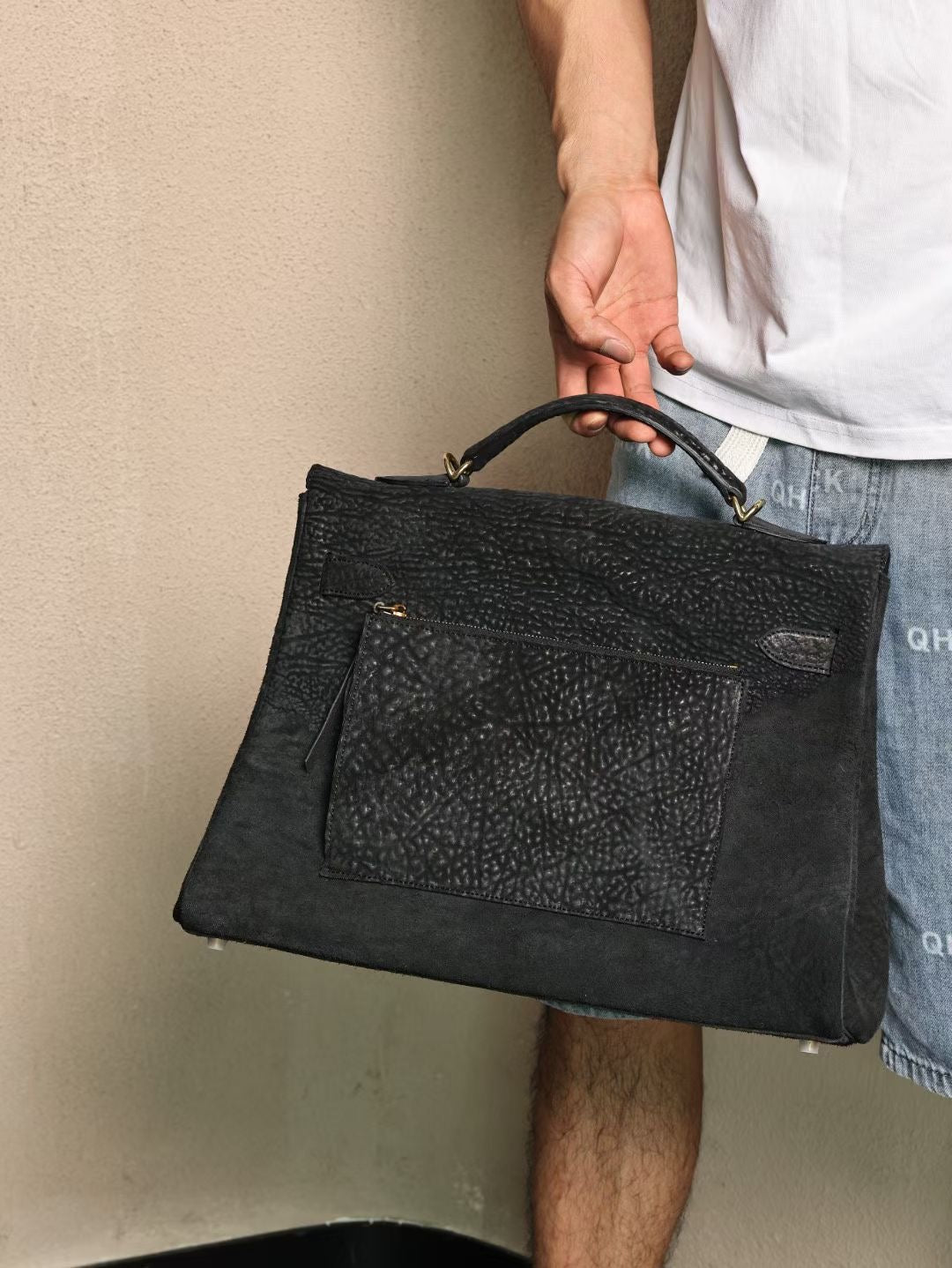 Genine Borsa satchel con manico superiore in pelle cordovan lavata vintage oro e nero