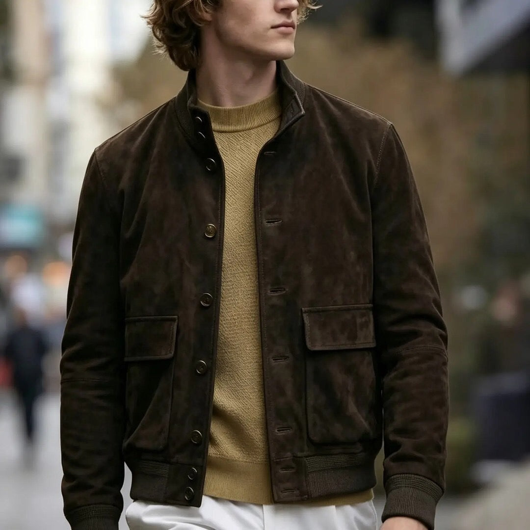 Giacca bomber da uomo in camoscio color cioccolato con collo alto