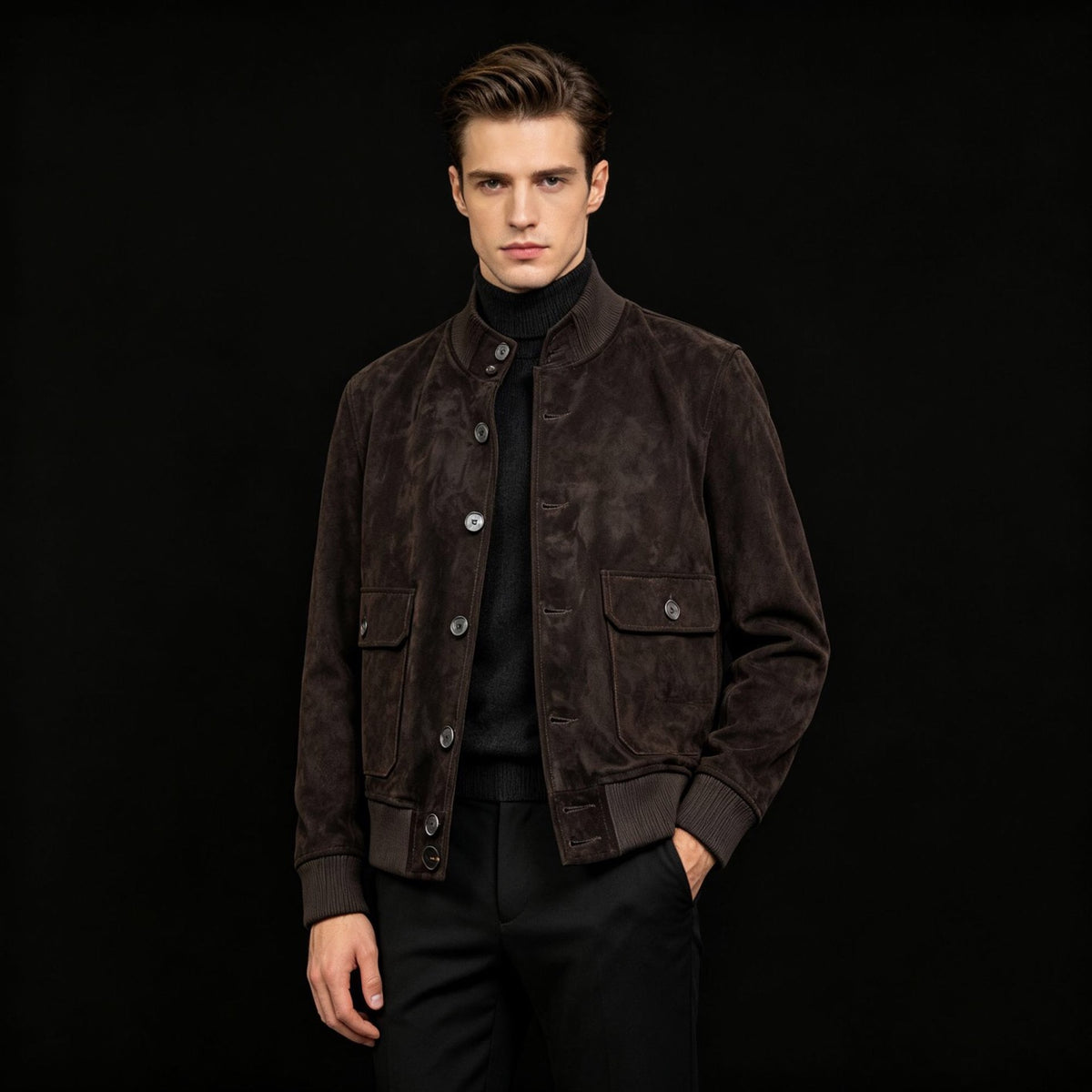 Giacca bomber da uomo in camoscio color cioccolato con collo alto